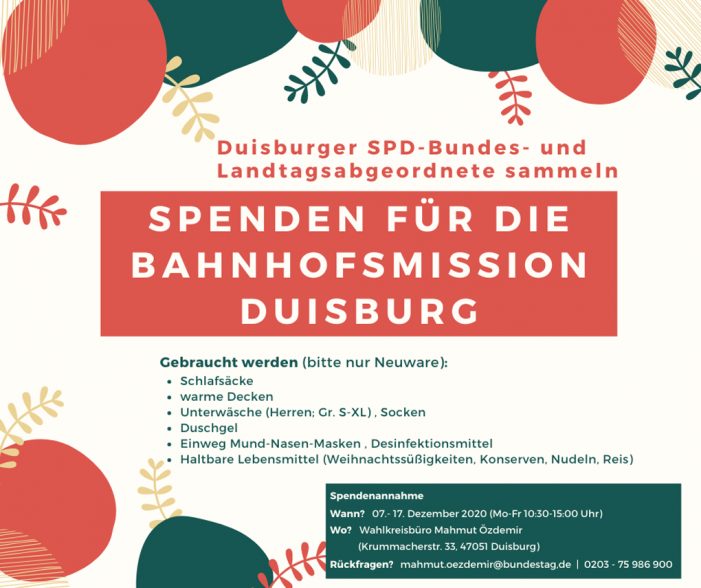SPD-Bundes- und Landtagsabgeordnete aus Duisburg rufen auf zur Spendensammelaktion für die Bahnhofsmission SPD-Bundes- und Landtagsabgeordnete aus Duisburg rufen auf zur Spendensammelaktion für die Bahnhofsmission