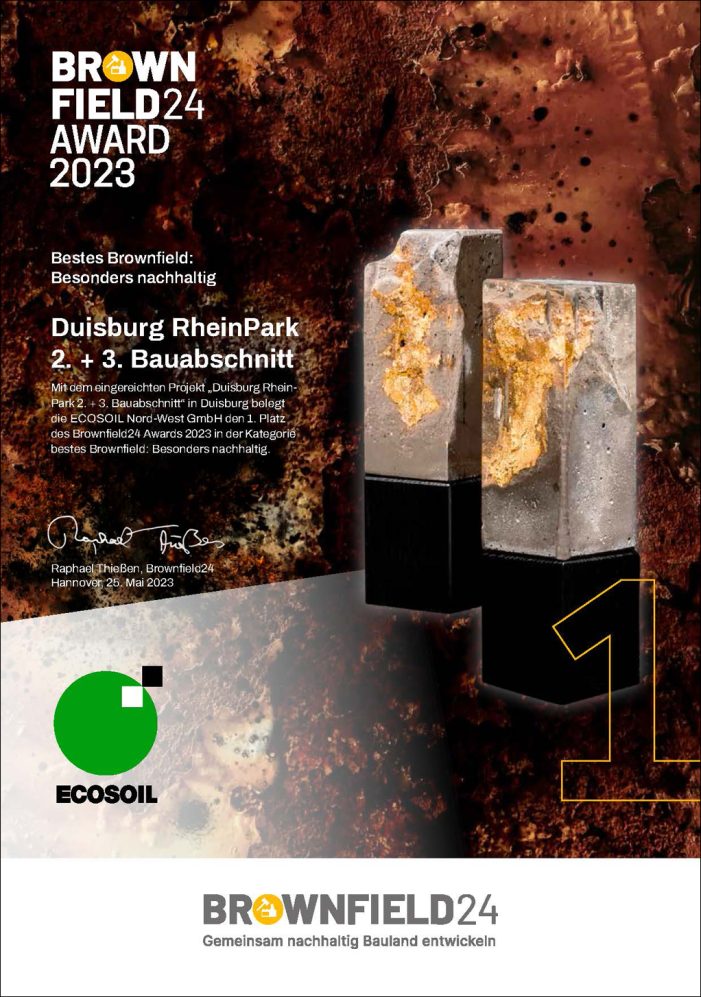 Rheinpark in Duisburg: ECOSOIL mit dem Brownfield24 Award 2023 ausgezeichnet